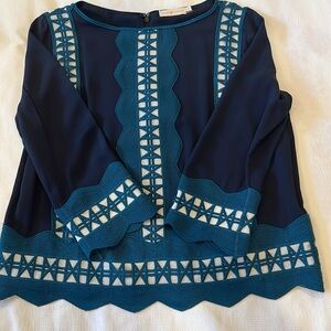 Tory Burch Blue Boxy 3/4 Sleeve Top, Size 10, Silk